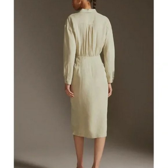 Anthropologie 4 NWT V-Neck Knot Front Midi Dress Sage Green Linen Blend - Picture 4 of 12